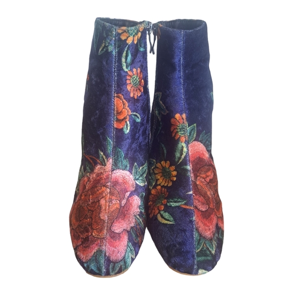 Floral Velveteen Fabric Booties Navy/Pink Women's Sz 37/6.5 Boho 60's Hippie - Picture 4 of 9